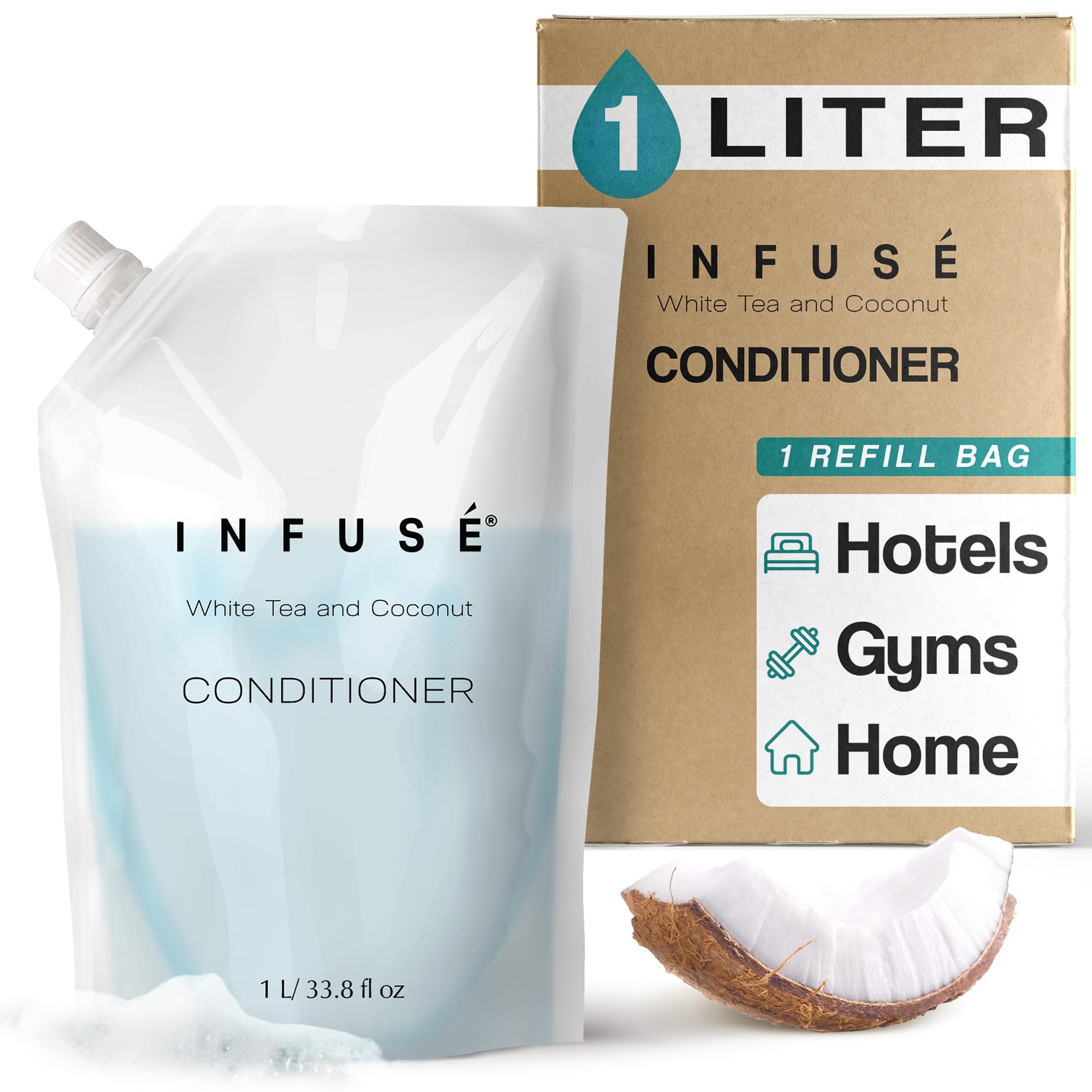 INFUSÉ 1 Liter Conditioner Refill Bag For Soap Dispensers | Bulk Toiletries for Vacation Rentals, and Home Bathroom Showers | White Tea and Coconut | Single