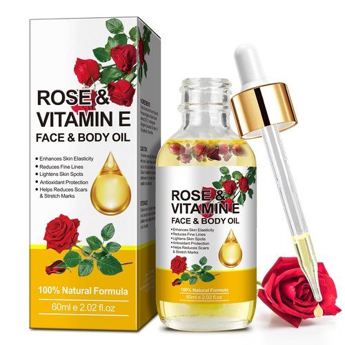Rose Oil for Face, Rose Vitamin E Oil, Premium Vitamin E Facial Oil - Deep Hydration for Face & Body, Nourishes Dry Skin, Facial Care Support 2 Fl Oz