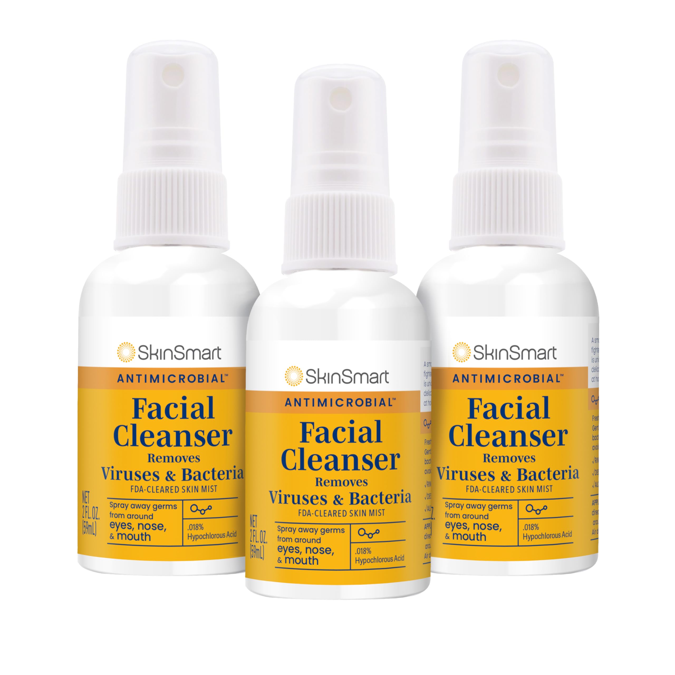 SkinSmart Antimicrobial Facial Cleanser Spray to Remove Viruses and Bacteria Around Eyes, Nose and Mouth, Fight Maskne, 2 oz Spray (3 Pack) Non-Irritating Hypochlorous Acid