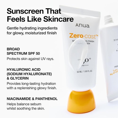 Anua Zero-Cast Moisturizing Sunscreen SPF 50 - Glow Natural Face Sunscreen with Hyaluronic Acid & Niacinamide | 1.69 fl oz