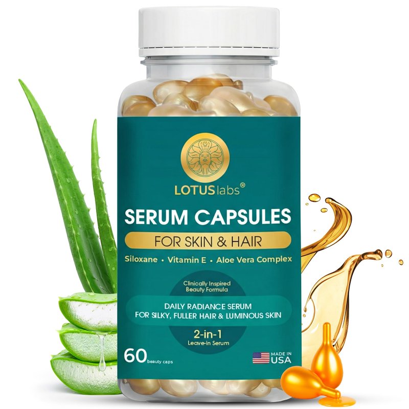 Vitamin E Capsules for Hair and Skin – 2-in-1 Frizz Control & Glow Serum with Aloe Vera & Siloxane, Leave-In Silky Shine Treatment, Single-Use Beauty Softgels, 60 Count, Made in USA