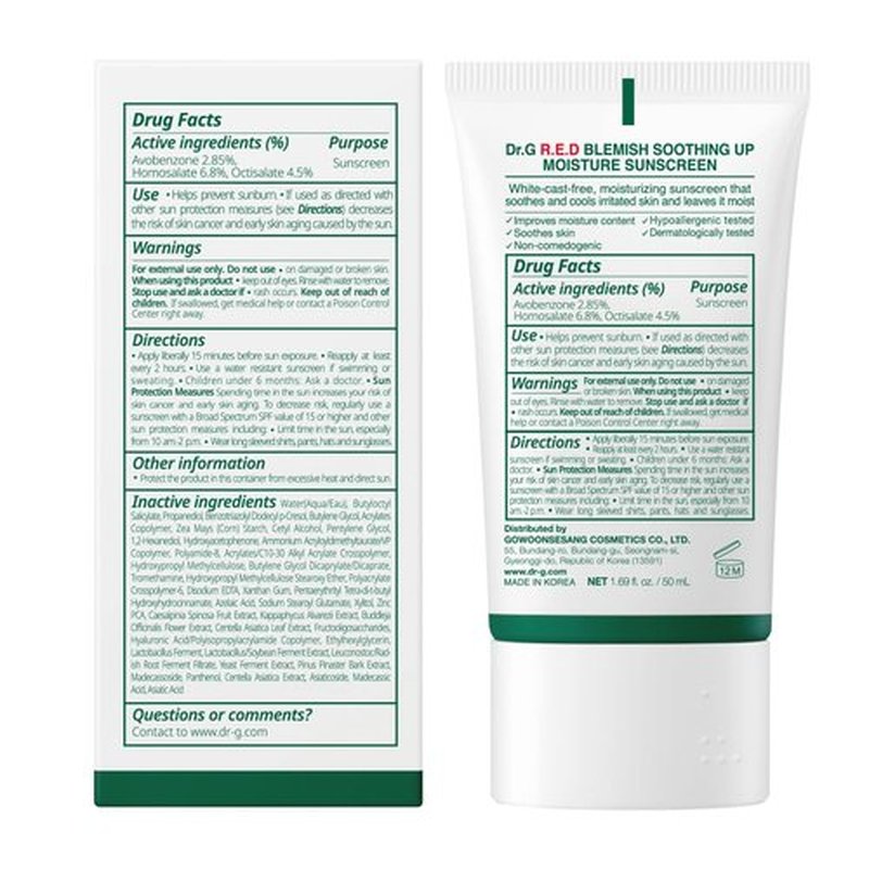 Dr. G R.E.D. Blemish Soothing Up Moisture Sunscreen - Korean Sunscreen with No White Cast - Broad Spectrum SPF for Sensitive Skin - Non-Greasy - With Hyaluronic & Azelaic Acid - 1.69 fl oz