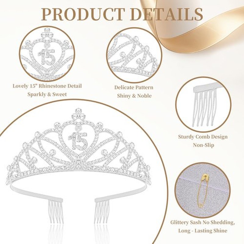 CUBACO 15th Birthday Crown and Sash Set It's My 15th Birthday Decorations for Girls Silver Crown/Tiara for Girls Happy 15 Birthday Party Supplies Corona Para 15 años Quinceañeras Silver