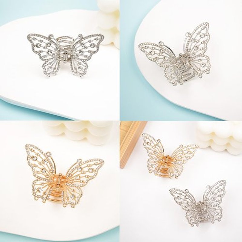 4PCS Vintage Butterfly Hair Clips for Hair, Metal Gold Rhinestone Butterfly Mini Hair Clips Sparkly Diamond Claw Clips Alloy Fancy Thick Hair Barrette Clamp for Women Girls