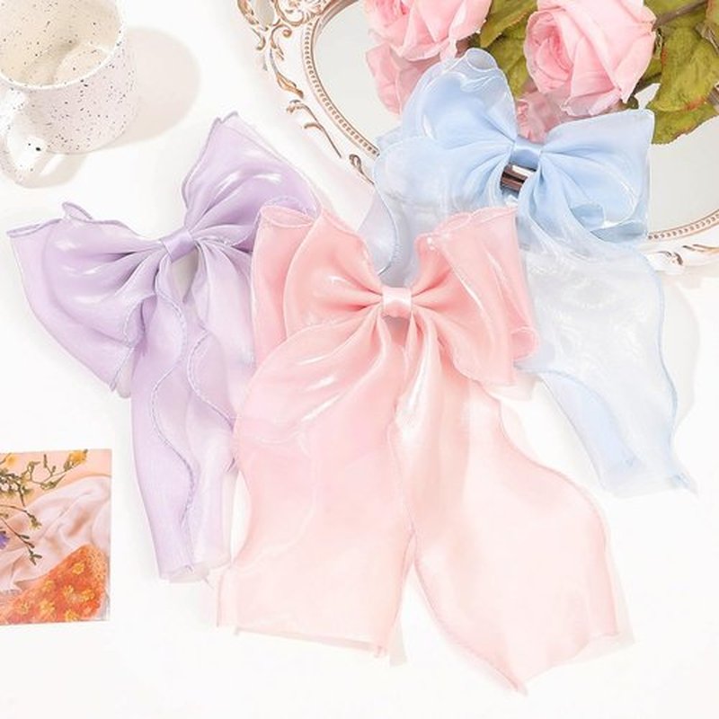 Large Hair Bow Clips for Women,Blue Pink Bow Hair Barrettes with Long Tail French Hair Ribbon Clips Hair Accessories for Girls (Light Blue,Light Pink)