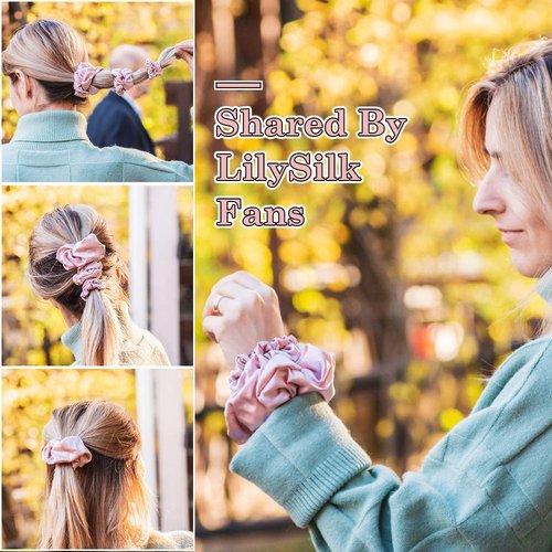 LilySilk 4Pc Silk Scrunchies Set - 100% 6A Grade Mulberry Silk Charmeuse, Large & Skinny Set, for Women's & Girls Hair, 4 Count - Black