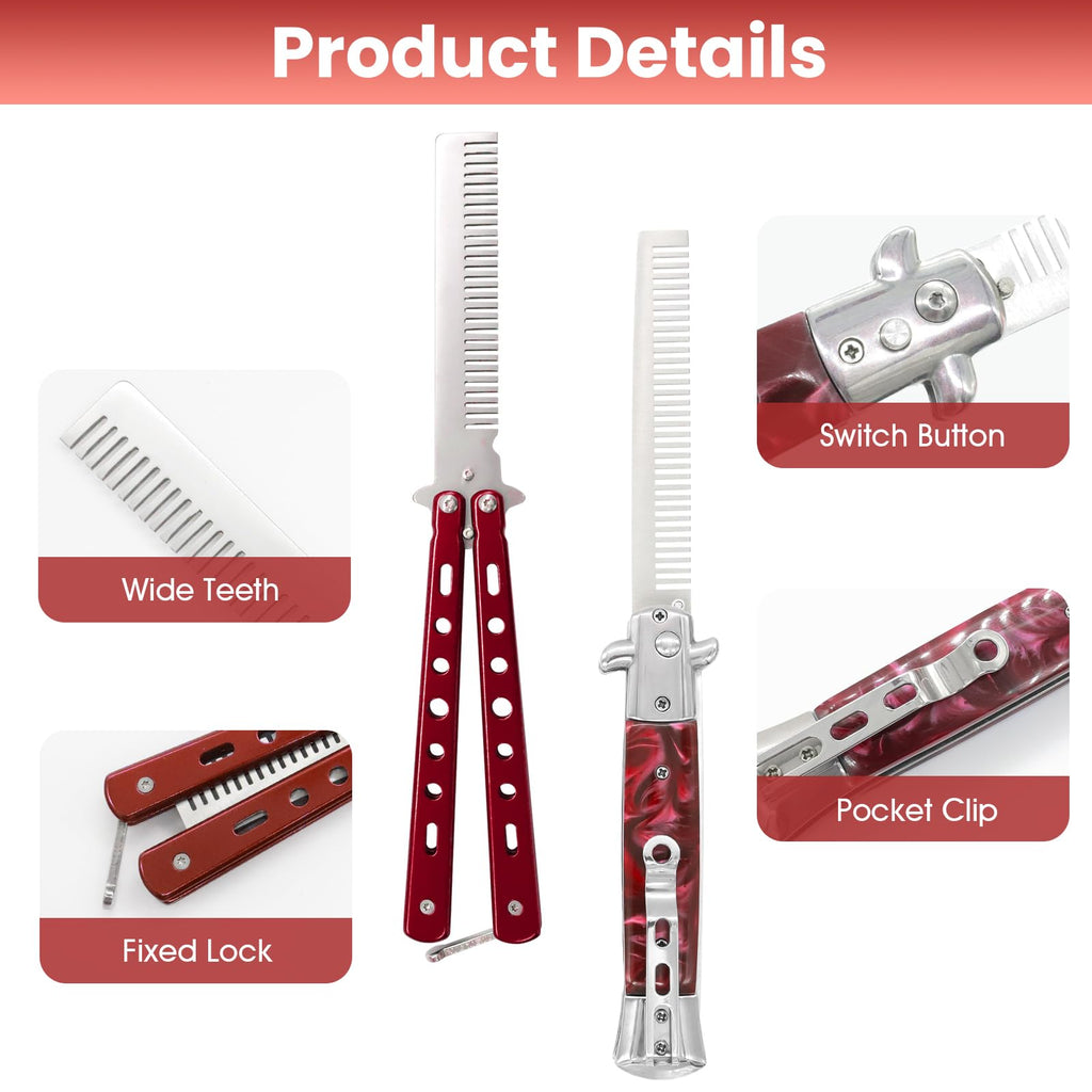2 Pieces Automatic Folding Switch Combs, Stainless Steel Butterfly Comb, Hair & Beard Brush for Men - Red