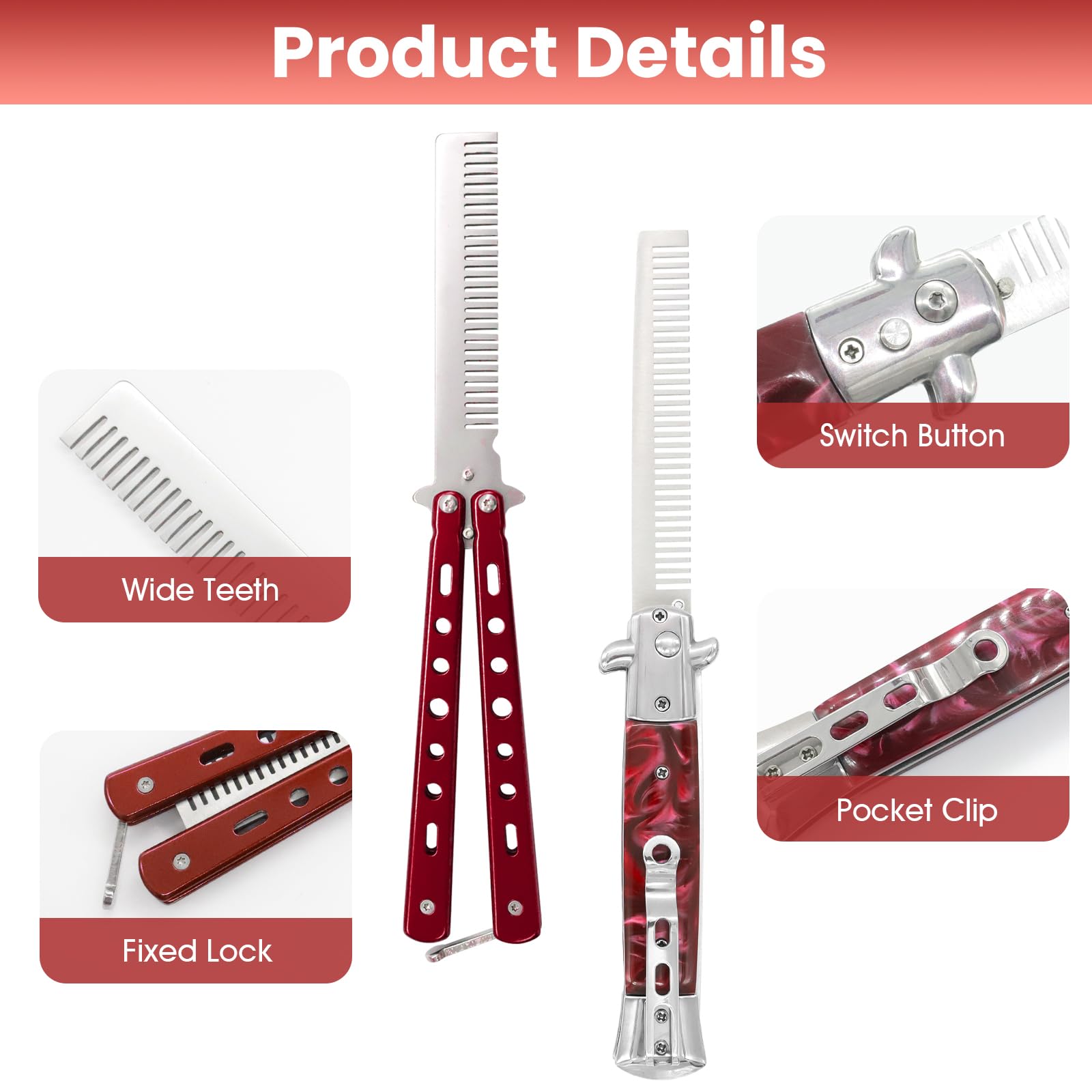2 Pieces Automatic Folding Switch Combs, Stainless Steel Butterfly Comb, Hair & Beard Brush for Men - Red