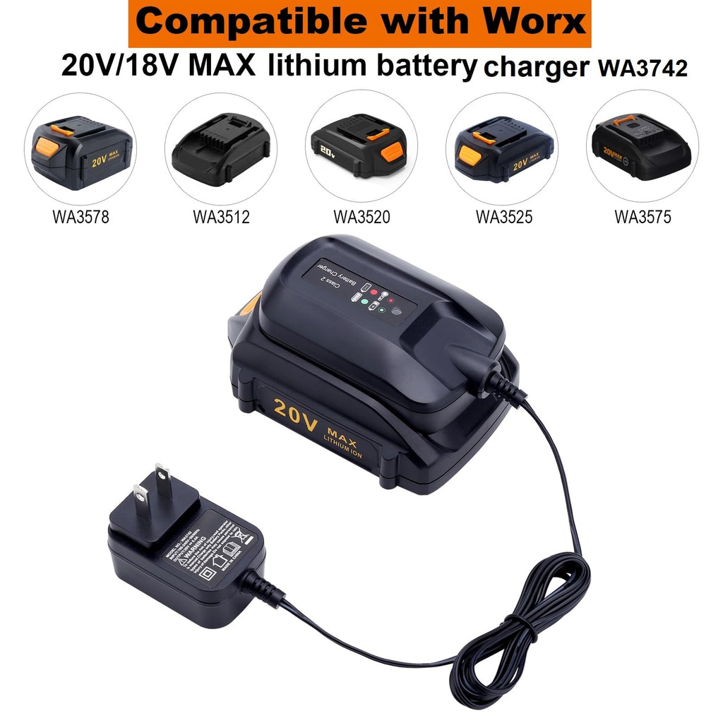 Replacement for Worx Battery 20V Charger WA3742, 20-Volt Battery Charger Compatible with Worx 20V Battery WA3525 WA3520 WA3578 Charger