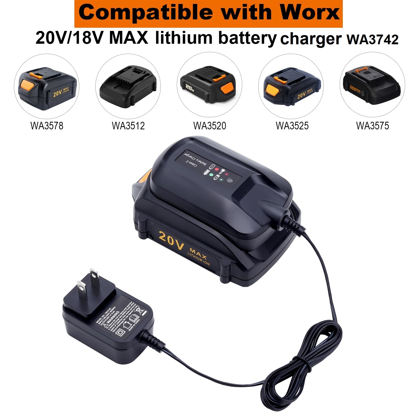 Replacement for Worx Battery 20V Charger WA3742, 20-Volt Battery Charger Compatible with Worx 20V Battery WA3525 WA3520 WA3578 Charger