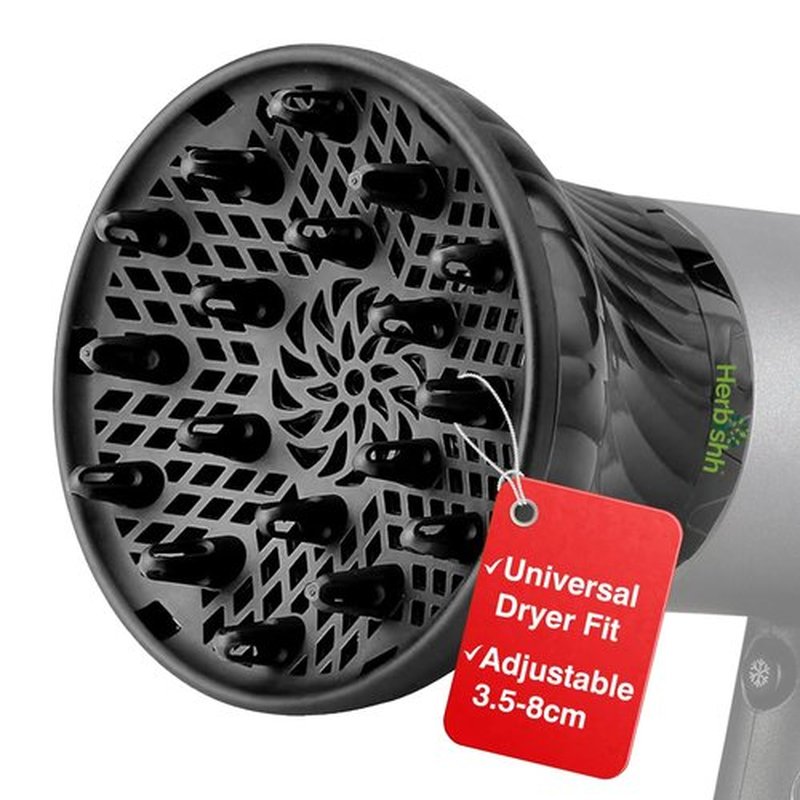 Herbishh Hair Dryer Diffuser - Universal Fit for Curly & Wavy Hair - Reduces Frizz & Adds Volume - Adjustable 3.5 to 8 cm (Black)
