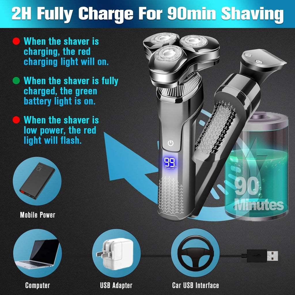Men's Electric Razor, Upgraded 4D Floating Magnetic Blade Head Rotary Shaver, 3-in-1 Multifunctional for Beard/Nose/Sideburns, IPX7 Waterproof Rechargeable Cordless Shaver, Turbo Speed, Gift for Men