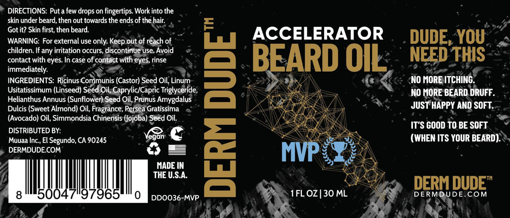 Derm Dude Accelerator Beard Growth Oil for Men | With Castor Oil & Jojoba Oil for Hair Growth | Promotes Thicker Fuller Beard | Hydrate & Soften Facial Hair, Non-Greasy - MVP 1oz