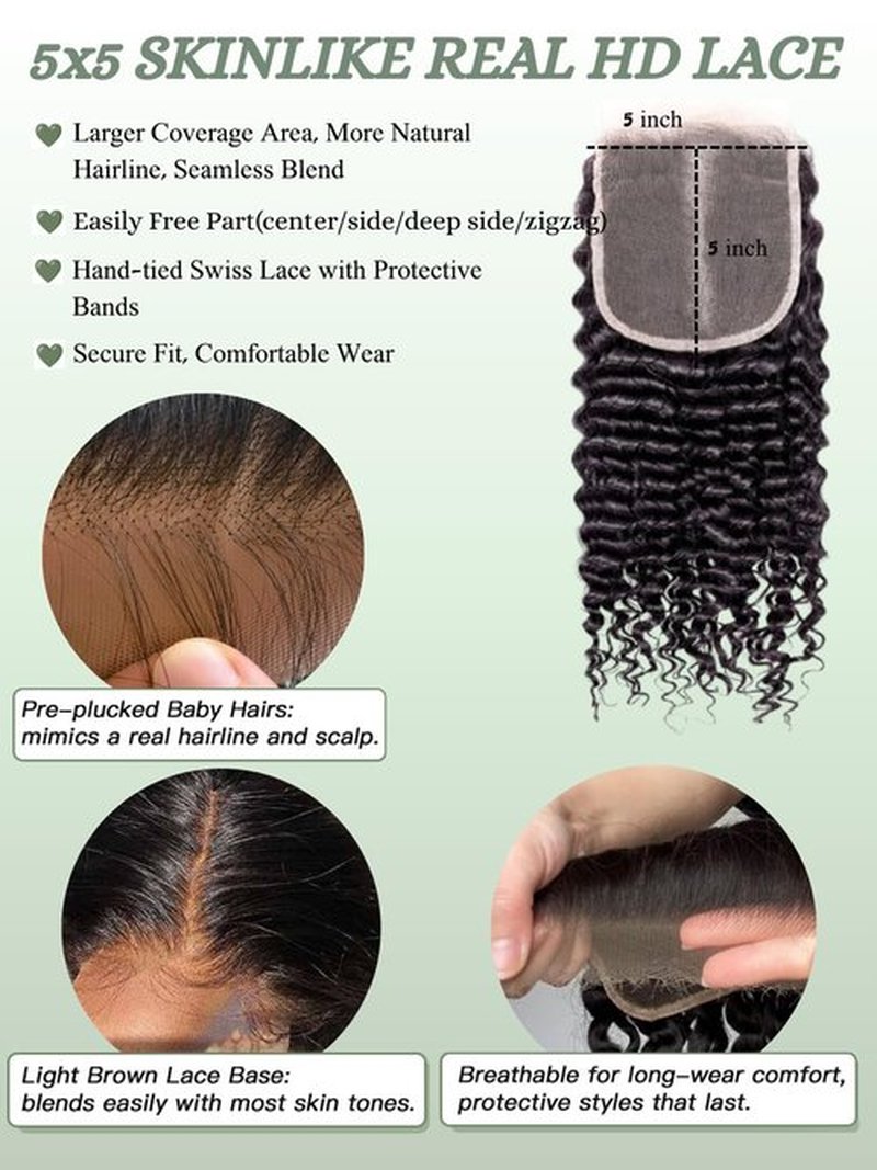 5x5 HD Lace Closure Loose Deep Wave Human Hair 12 Inch - 0.10mm Ultra-thin Invisible Burmese Curly HD Closure 5x5, 100% Pre Plucked Brazilian Raw Virgin Hair Skinlike HD Lace Closure Wet and Wavy
