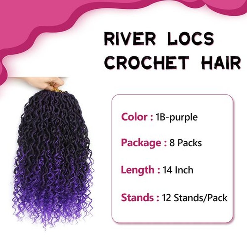Goddess Loc Crochet Hair 14inch 8 Packs Faux Locs Crochet Hair for Black Women 1B/Purple Pre Looped River Locs with Curly Ends