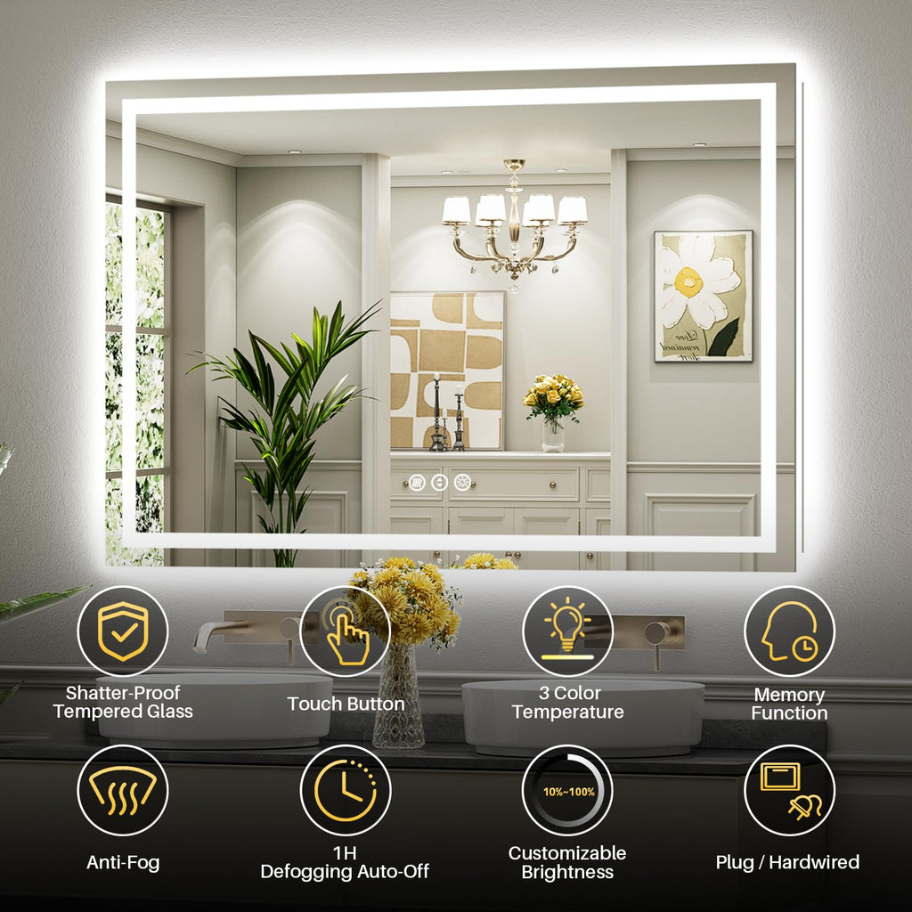 Briivue 60x40 LED Bathroom Mirror, Dual Lit Anti-Fog Wall Vanity Mirror