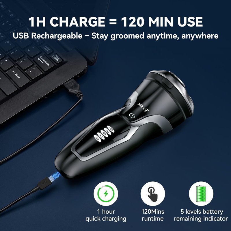 MAX-T Electric Razor for Men, 4D Rotary Shaver Razor for Men, Rechargeable Wet & Dry Shaver with Pop-Up Trimmer, IPX7 Waterproof, Type-C, Plug & Play