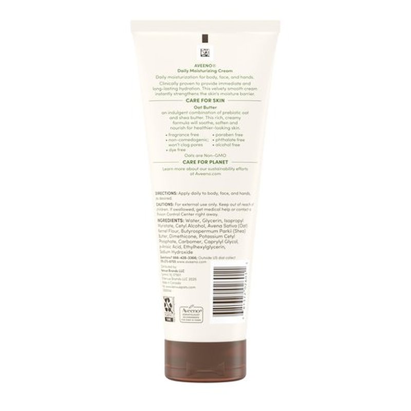 Aveeno Daily Moisturizing Cream with Prebiotic Oat & Shea Butter, Body, Face & Hand Cream for Normal to Dry, Sensitive Skin Hydrates for 48 Hours, Fragrance Free & Non-Comedogenic, 7.5 oz