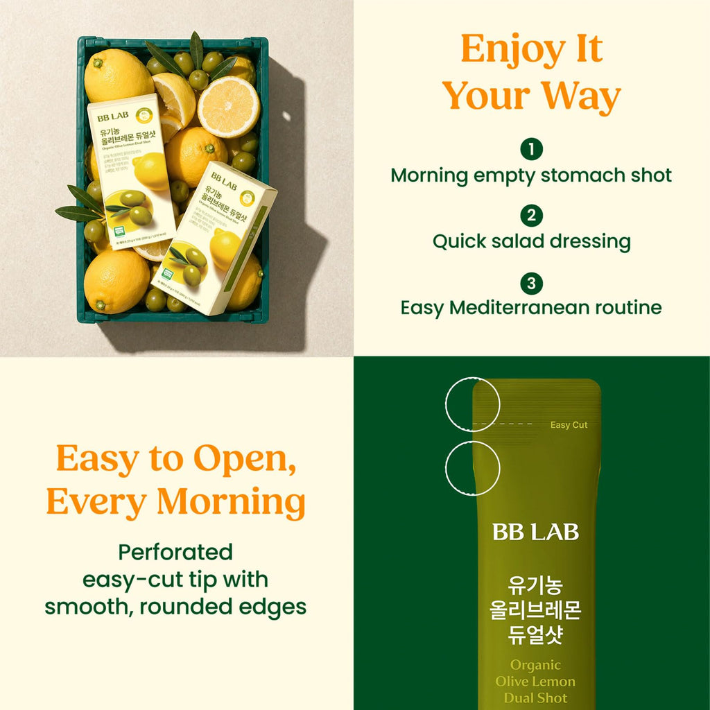 BB LAB Organic Olive Lemon Dual Shot, Cold-Pressed Extra Virgin Picual Olive Oil & NFC Lemon Juice, 65:35 Ratio, Single serve, On-the-Go Liquid Stick Packets, 20g x 10 Sticks