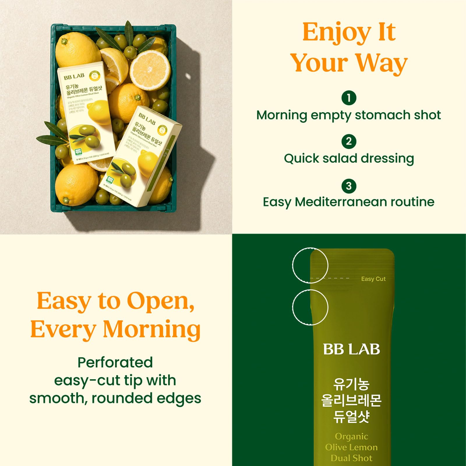BB LAB Organic Olive Lemon Dual Shot, Cold-Pressed Extra Virgin Picual Olive Oil & NFC Lemon Juice, 65:35 Ratio, Single serve, On-the-Go Liquid Stick Packets, 20g x 10 Sticks