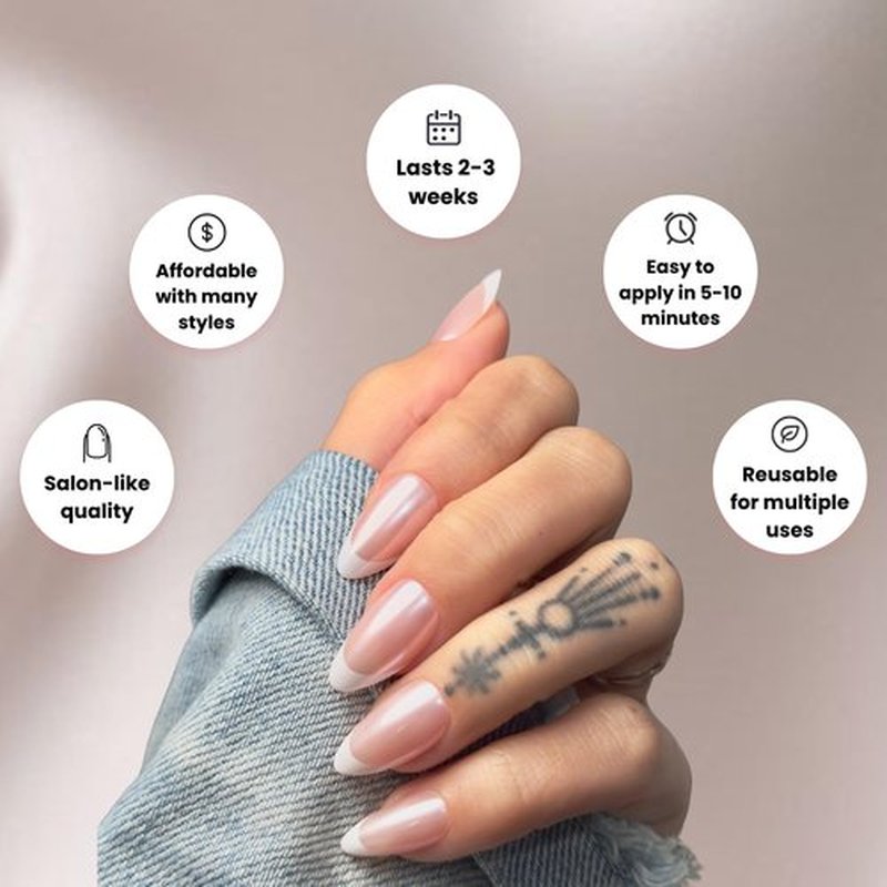Ellie Vincy Press On Nails - Classic White French Tip, Short Almond Shape, Reusable Nails in 15 Sizes - 30 Nail Kit with Glue and Sticky Tabs