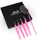 SV Fiber Tip Lash Tweezers For Eyelash Extensions With Diamond Grip, Professional Lash Tweezers Set of 5 - Precise Tips Japanese Steel for Classic, Volume & Mega Volume Lashes with Travel Case Box