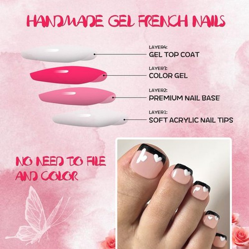 AddFavor 120pcs Press-on Toenails for Women, Black French Tip, Glossy Acrylic False Toenails