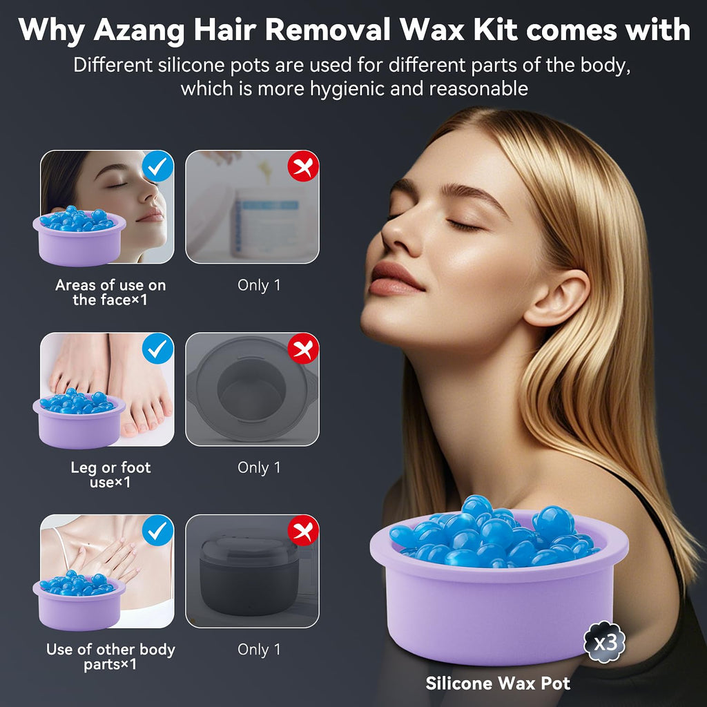 Azang Nose Wax Kit Portable Warmer ｜100g Wax｜Rapid Heating｜24 Applicators + 12 Nose Hair Sticks｜3 Silicone Pots｜Travel Size｜Unisex｜Global Recycled Standard
