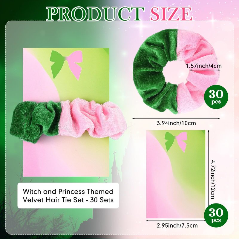 Yuxung 30 Sets Witch Party Favors Pink and Green Velvet Scrunchies with Princess Cards Wizard Witch Theme Party Gifts Soft Hair Ties Velvet Elastics Scrunchy Hairbands Hair Accessories for Women