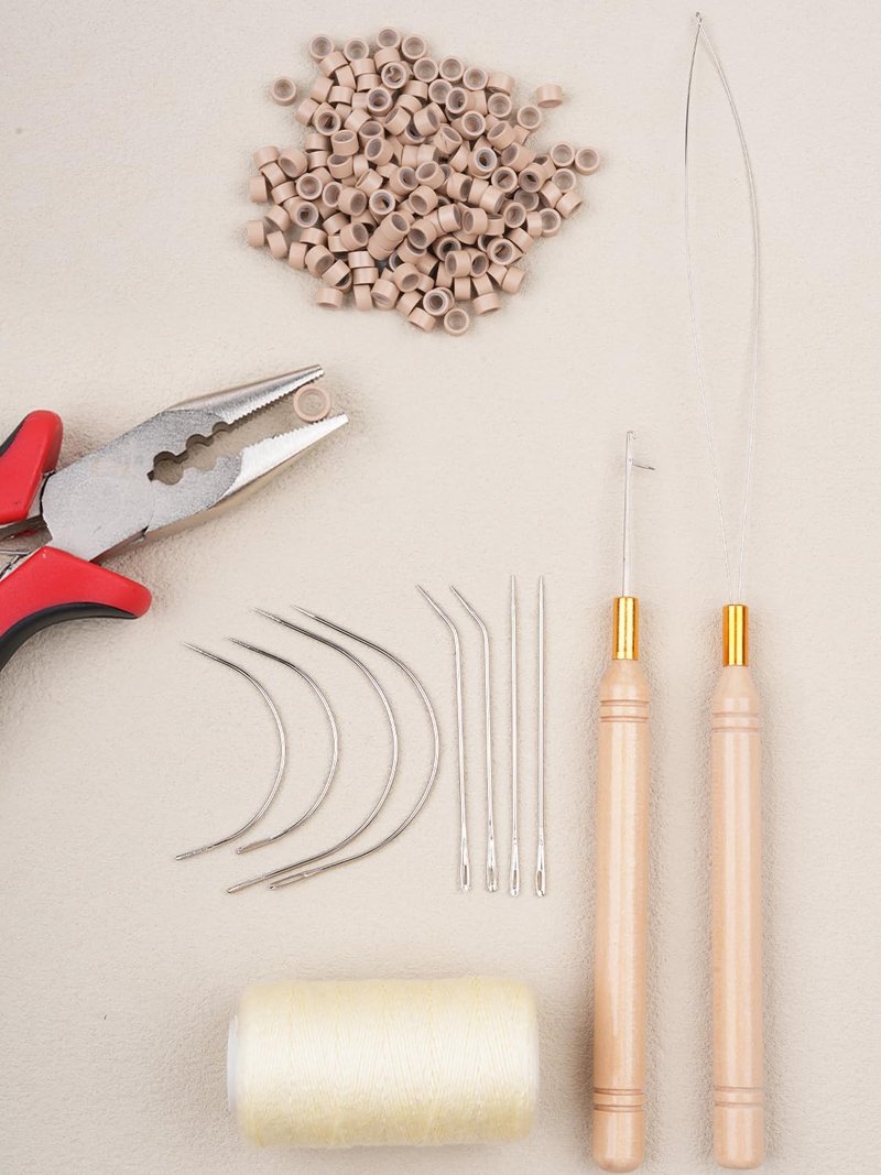 WENNALIFE Sew in Hair Extension Kit Hair Extension Tools, 200 PCS Blonde Micro Ring Beads, 1 Pulling Needle, 1 Loop Needle, 1 Plier, 1 Thread, 4 Curved Needles, 2 Straight Needles, 2 J-needles