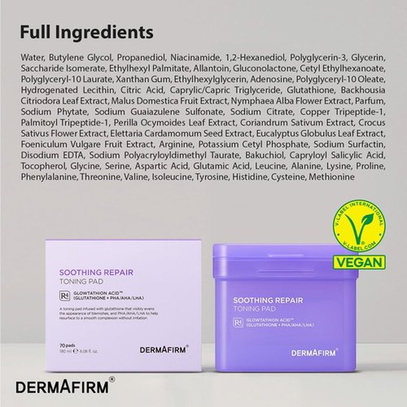 DERMAFIRM Soothing Repair Toning Pad - Korean Skin Care Toner Pads for Face w/Glutathione + PHA, AHA, LHA - Vegan & Moisturizing Face Exfoliating - Salicylic Acid Facial Pads 70EA