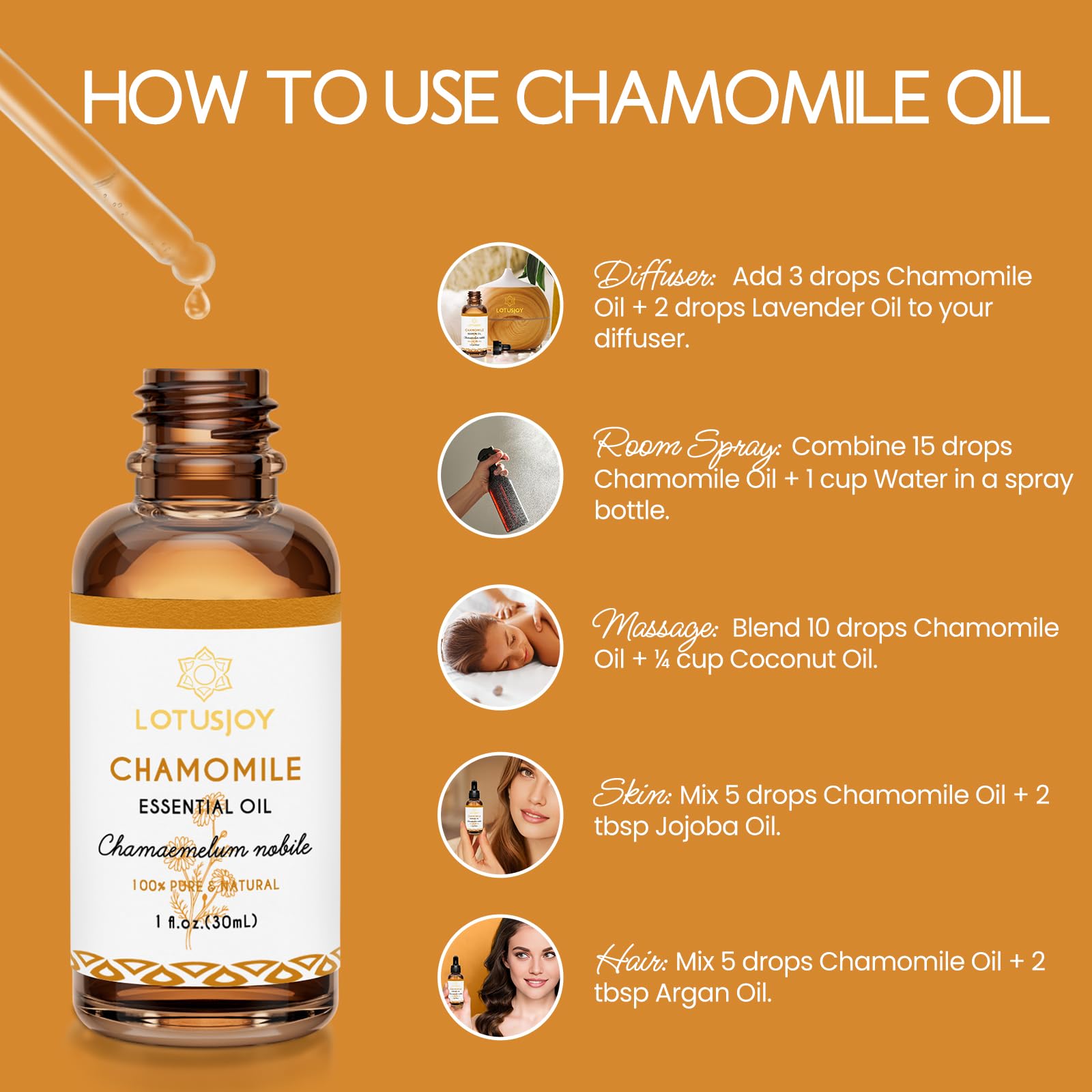 Chamomile Essential Oil, Pure Natural Chamomile Oil for Skin Body Hair Diffuser - 1 Oz
