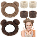 Atoden Bear Ears Spa Wristband Set - Cute Animal Skincare Headband for Washing Face - Fluffy Elastic Face Wash Hair Band for Women & Girls - Trendy Brown