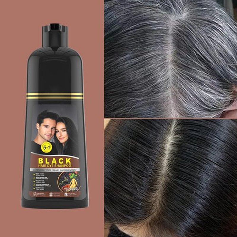 gowwim Black Hair Dye Shampoo, 5-in-1 Hair Dye Shampoo for Women & Men Gray Hair Cover up Semi-Permanent Natural Nourishing Smooth Hair Color Herbal Ingredients Black for Grey Coverage 500ml Ginseng