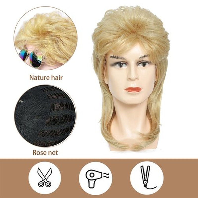 ByouByou Mullet Wigs for Men 80s Costumes Fancy Party Accessory Cosplay Wig (Light Blonde)