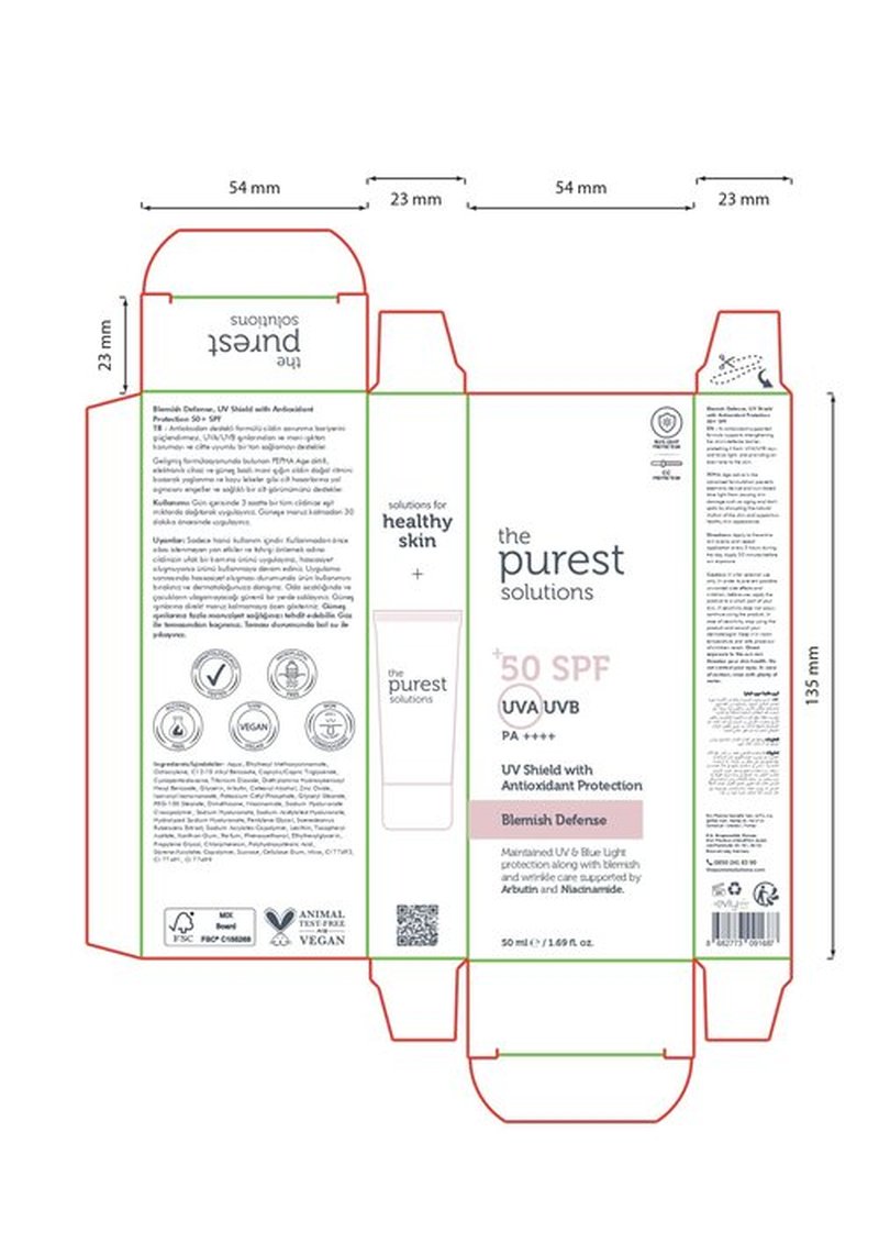 The Purest Solutions Blemish Defense (UV Shield with Antioxidant Protection SPF 50+) - 8h UVA Protection, Arbutin & Niacinamide for Skin Tone Harmonization and Moisturizers - Vegan (50 ml)