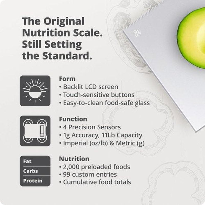 Greater Goods Food Scale - Nutrition Calculator & Meal Prep Tool | 11lb Capacity, Silver Finish
