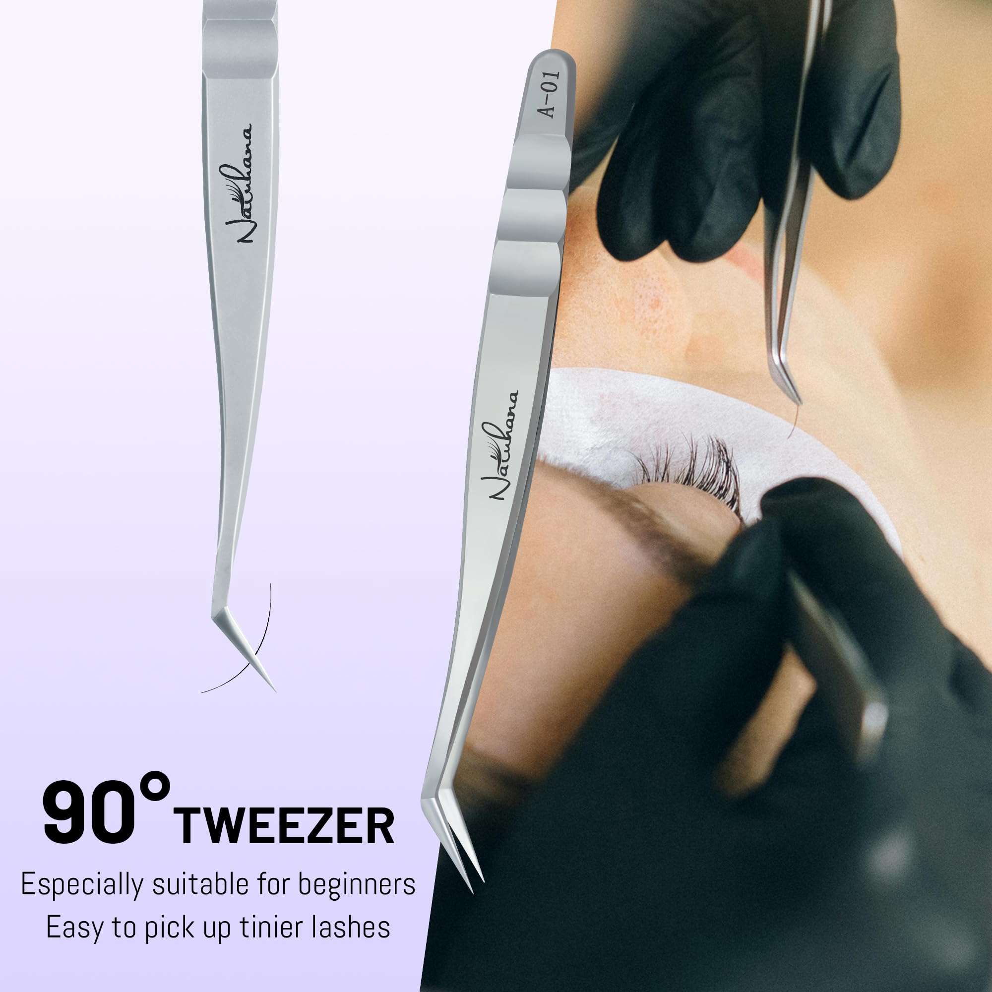 Natuhana High Precision Lash Tweezers for Individual and Volume Eyelash Extensions Pointed Premium Stainless Steel Curved Fiber Tip Professional Isolation Tweezer(Dolphin Tweezer A-02)