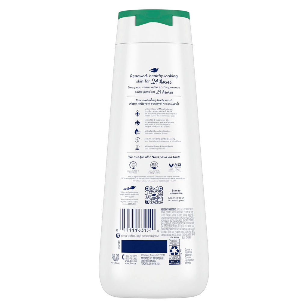 Dove Body Wash Invigorate Aloe & Eucalyptus For 24hr Lotion-Soft Skin Moisturizing Skin Cleanser with No Sulfates No Parabens 20 oz