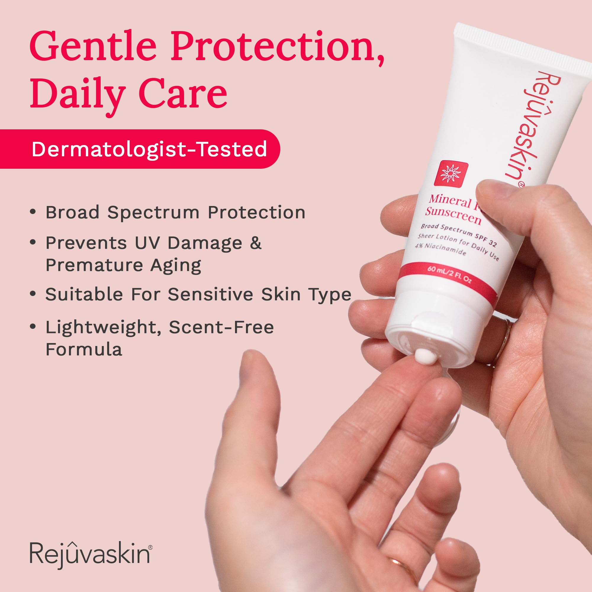 Rejuvaskin Mineral Facial Sunscreen SPF 32, Daily Mineral Sunscreen Face for Sensitive Skin, Broad Spectrum UVA/UVB Protection, Oil Free, Acne Safe Sunscreen, 3.38 fl oz.