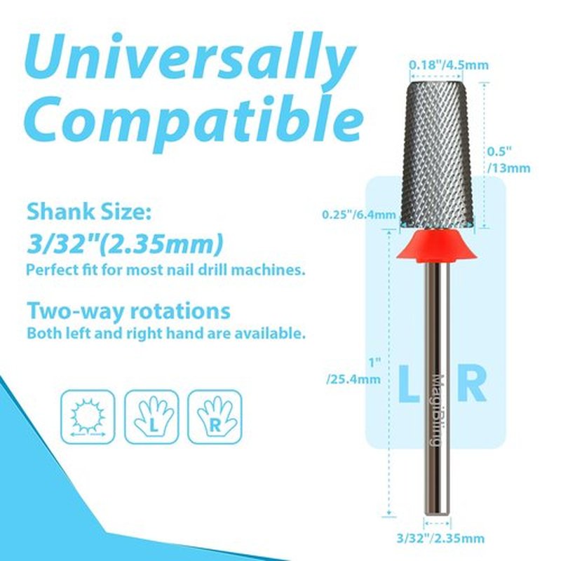 6.6mm Large Tapered Barrel Nail Drill Bit, Cross Cut 3/32" Professional Tungsten Carbide E-File Bit, Fast Hard & Soft Gel Acrylic Removal, Safety Top Two-way Rotation for Manicure Pedicure, Fine.