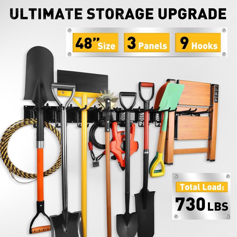 ELEAD Garage Tool Organizer - 9-Pairs Heavy Duty Wall Mount Hooks | Adjustable 48-Inch Design for Yard Tools