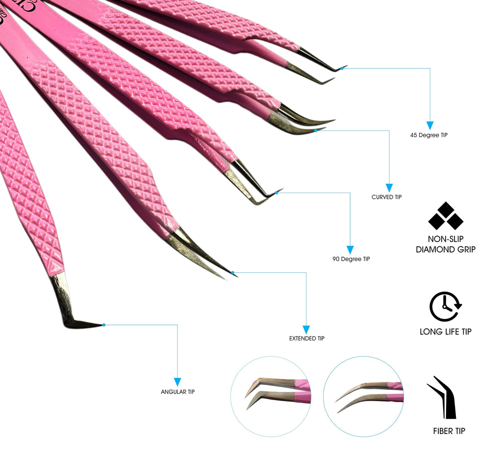 CITI GLAMOUR Lash Tweezers For Eye Lash Extension set of 5 Precise Fiber Tip with Diamond Grip Complete set for Volume Lashes Pink