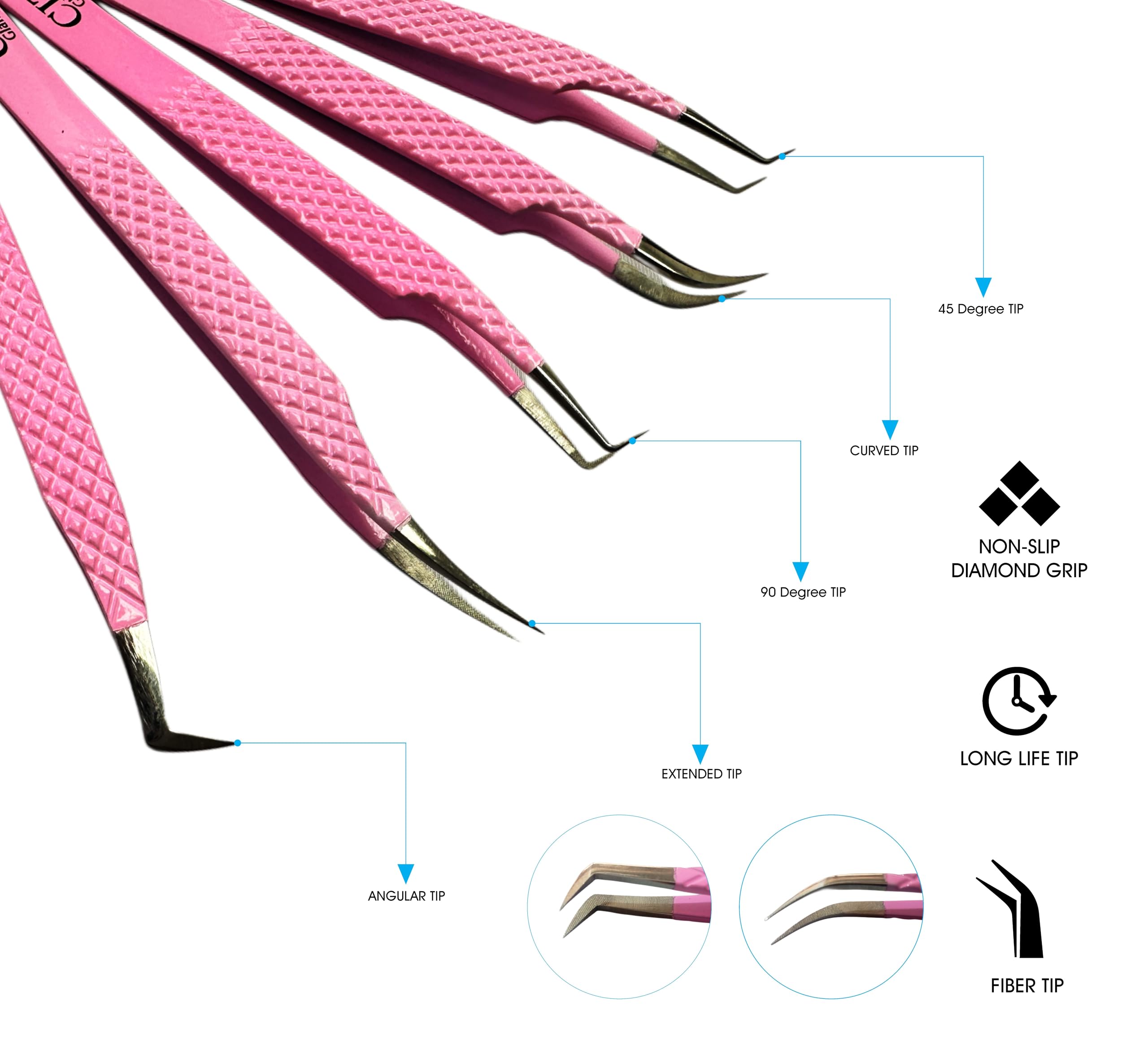 CITI GLAMOUR Lash Tweezers For Eye Lash Extension set of 5 Precise Fiber Tip with Diamond Grip Complete set for Volume Lashes Pink
