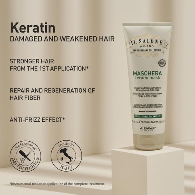 Il Salone Milano Professional Keratin Hair Mask - Damaged Hair Treatment with Almond Oil + Vitamin E to Repair, Nourish and Strengthen Hair Fibers - Premium Quality (8.55 oz / 250 ml)