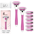 FYNEDGE Women's Safety Razor with 8 Replacement Blade Refills- 4 Blade Razors for Women, 2 Pink Handle Rubber Grip, 45° Pivoting Head, Lubricating Strip & Cleaning Brush for Smooth Shaving