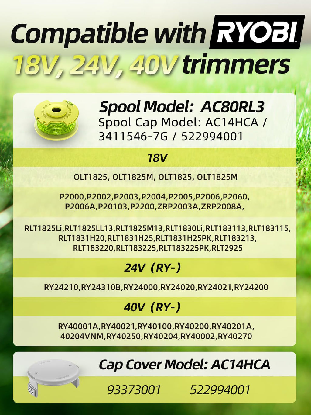 YWTESCH Trimmer String for Ryobi One Plus+ AC80RL3,11 FT/0.080-Inch，Spool Replacement Compatible with Ryobi 18v, 24v, and 40v Cordless Trimmers (9 Pack Trimmer Line & 2 Pack Trimmer Cap)
