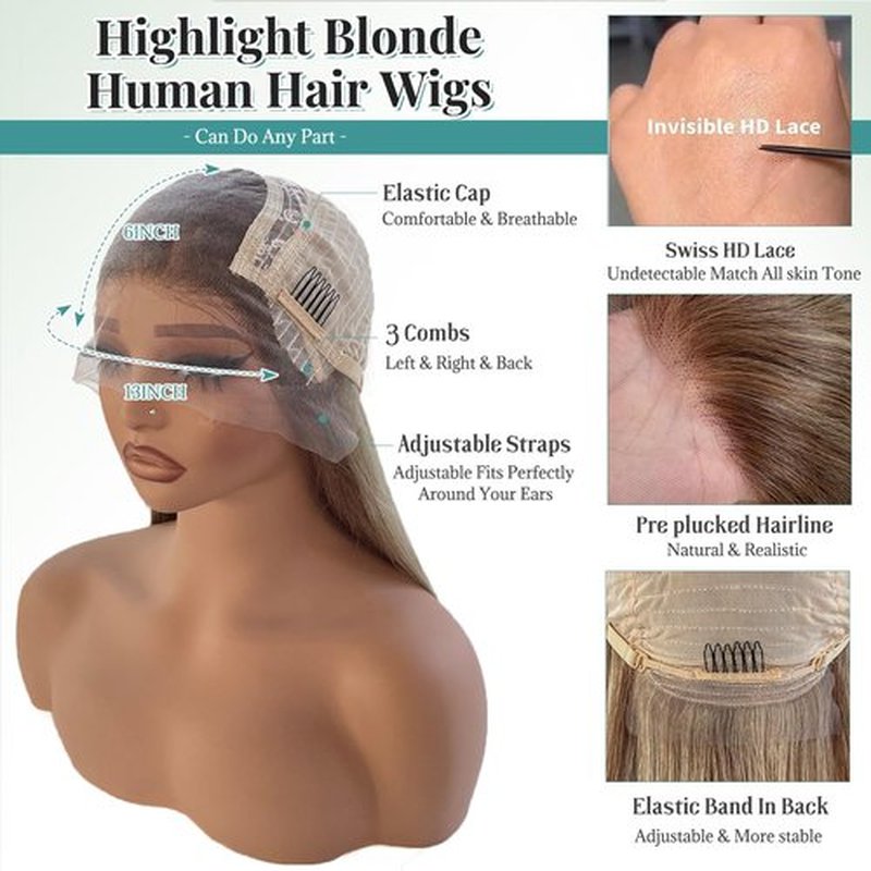 Munx Ombre Highlight Ash Blonde Lace Front Wigs Human Hair, 13x6 HD Straight Lace Front Wigs Pre Plucked Balayage Glueless 180% Density Full Ends Wig Brown Roots Highlighted Human Hair Wig 20"