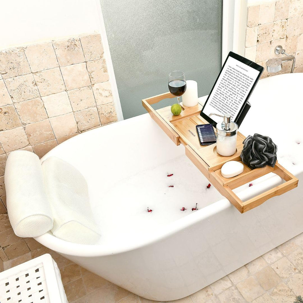 Bamboo Bathtub Tray Caddy Expandable - Over The Tub Bath Caddy Tray for Bathtub Accessories for Relaxing Spa, Bamboo Bath Tray for Tub Accessories for Bathtub for Women. Bath Spa Gifts for Women.