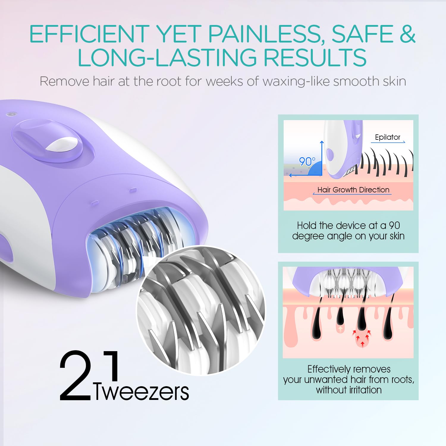 VOGOE Epilator for Women-Cordless Epilators Hair Removal for Women, 4-in-1 Electric Razor Hair Remover, 2 Speeds & 21 Tweezers for Face Legs Arms Armpit Bikini, Purple HR310